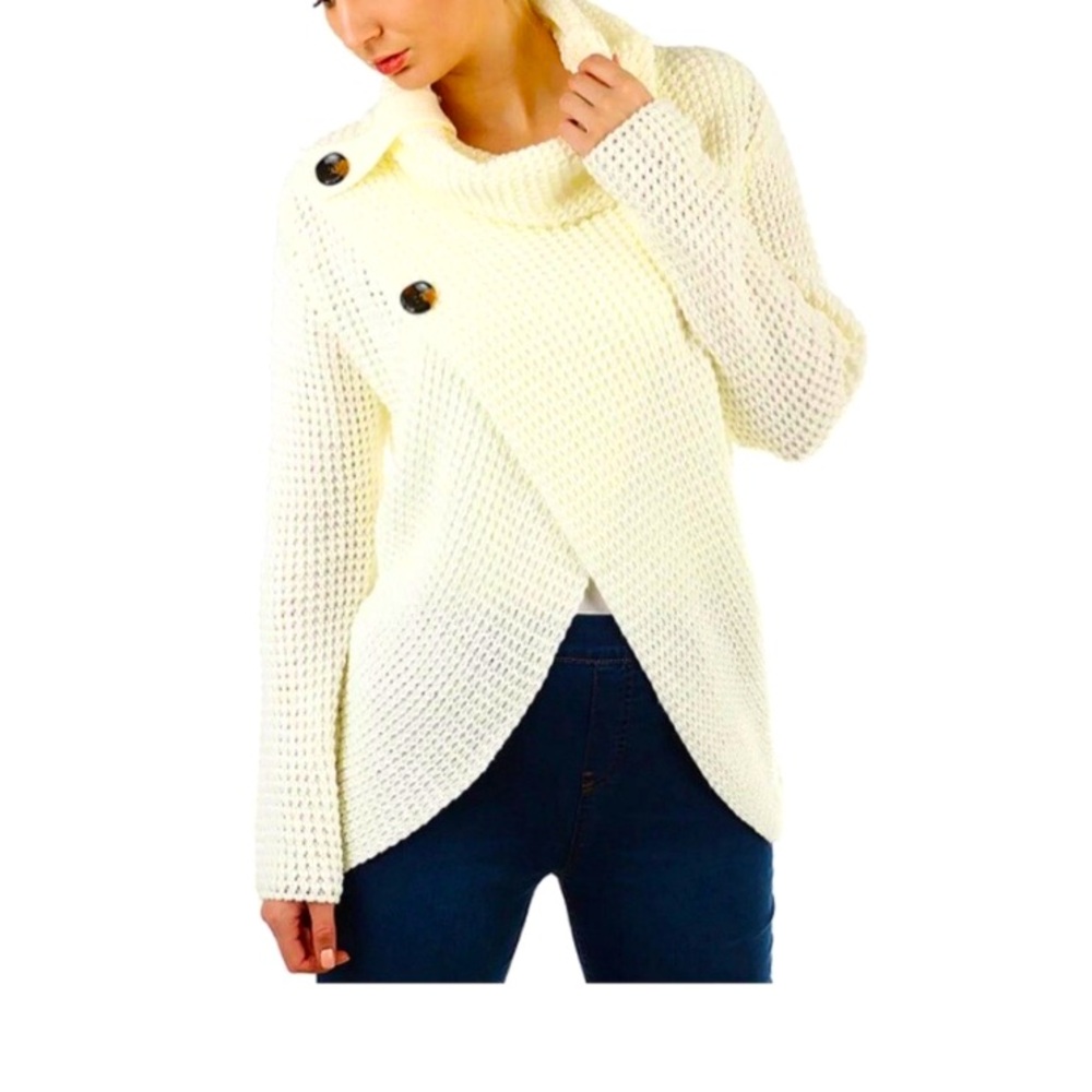 Fall Cozy Cream Asymmetrical Button Knit Sweater – One Size